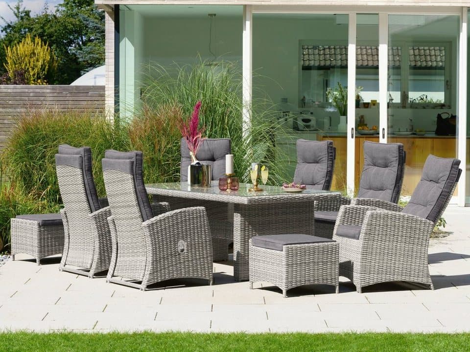 KONIFERA Garten-Essgruppe Monaco, 17-tlg., 6x Sessel, 2x Hocker, Tisch 200x100x74 cm, inkl. Auflagen, Polyrattan/Aluminium, Rückenlehne verstellbar