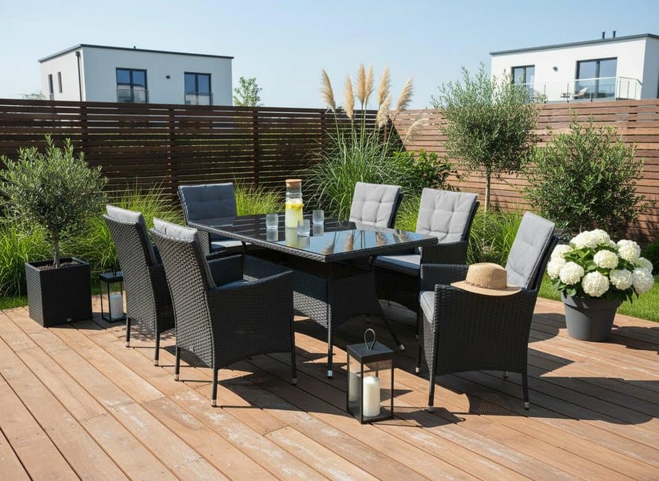 KONIFERA Garten-Essgruppe Mailand, (Set, 19-tlg., 6x Sessel, 6x Sitzauflagen, 6x Rückenauflagen, 1x Tisch), 6 Sessel, 6 Sitz,- und 6 Rückenkissen, 1 Tisch, 1 Gratis Schutzhülle