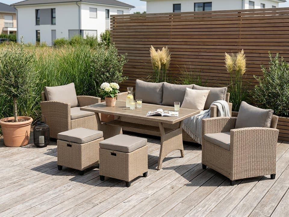 KONIFERA Gartenlounge-Set Amsterdam, 16-tlg., 3er-Sofa, 2 Sessel, 2x Hocker, Tisch 144,5x74x67 cm, Polyrattan/Stahl, Ablagefläche, Loungeset