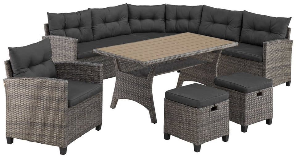 KONIFERA Gartenlounge-Set Keros Premium, 20-tlg. Ecklounge für 8 Personen, 2x 2er-Sofa, Ecke, Sessel, 2x Hocker, Tisch 145x75 cm, Polyrattan