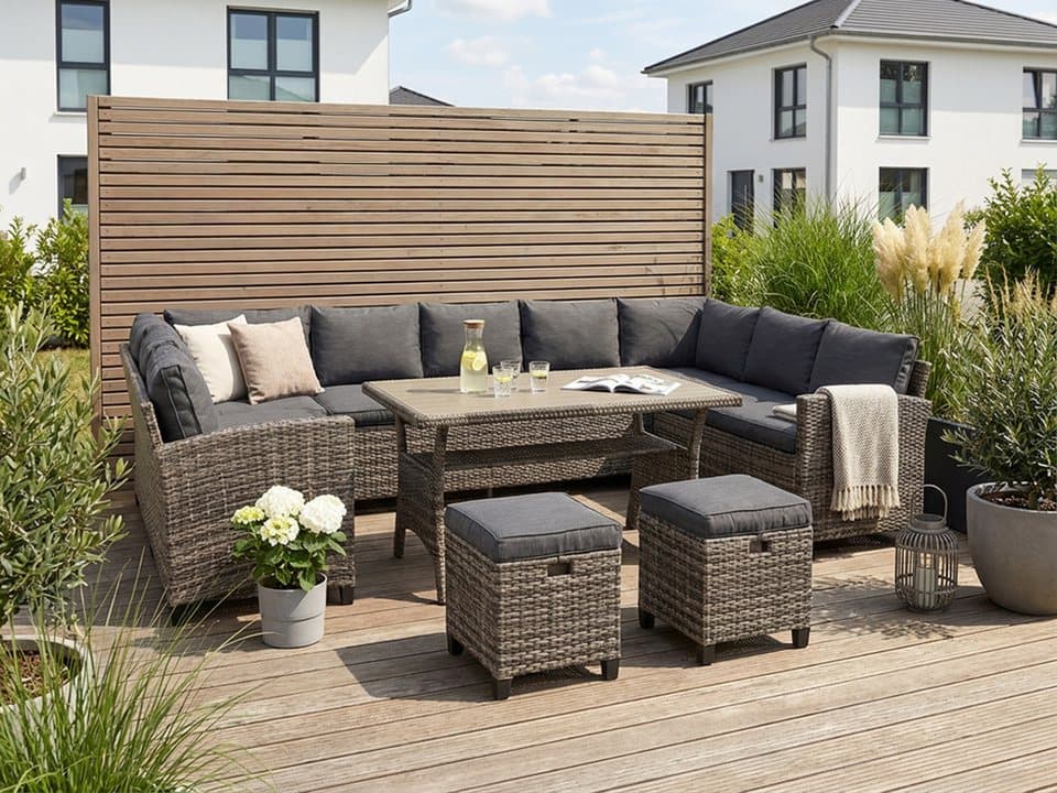 KONIFERA Gartenlounge-Set Rotterdam, 20-tlg., 3x 3er-Sofa, 2x Hocker, Tisch 120x82x67 cm, inkl. Auflagen, Polyrattan/Stahl, Nonwood-Tischplatte