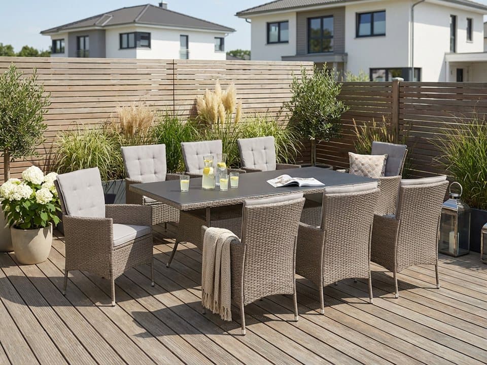 KONIFERA Garten-Essgruppe Mailand, 25-tlg., 8x Sessel, 8x Sitz- und Rückenauflage, Tisch, Polyrattan/verzinkter Stahl, Ablagefläche